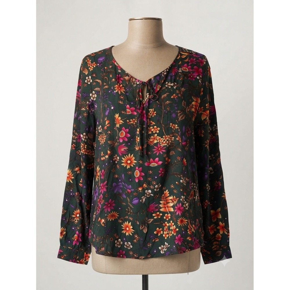 Suzanne Betro Floral Blouse Forest Green Pink Orange Tie Neck Top XL - Picture 1 of 6